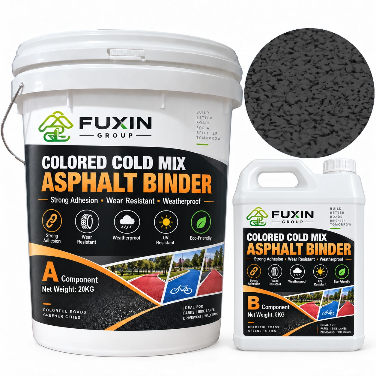 FUXIN Black Cold-Mix Colored Asphalt — A 20 kg + B 5 kg packaging