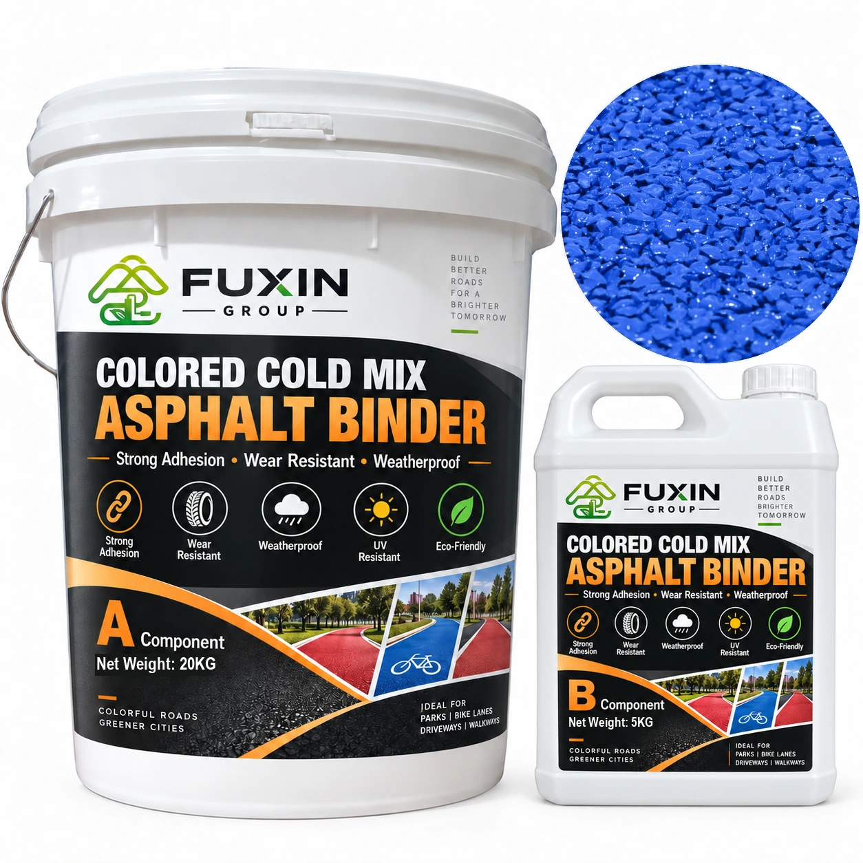 FUXIN Blue Cold-Mix Colored Asphalt — A 20 kg + B 5 kg packaging
