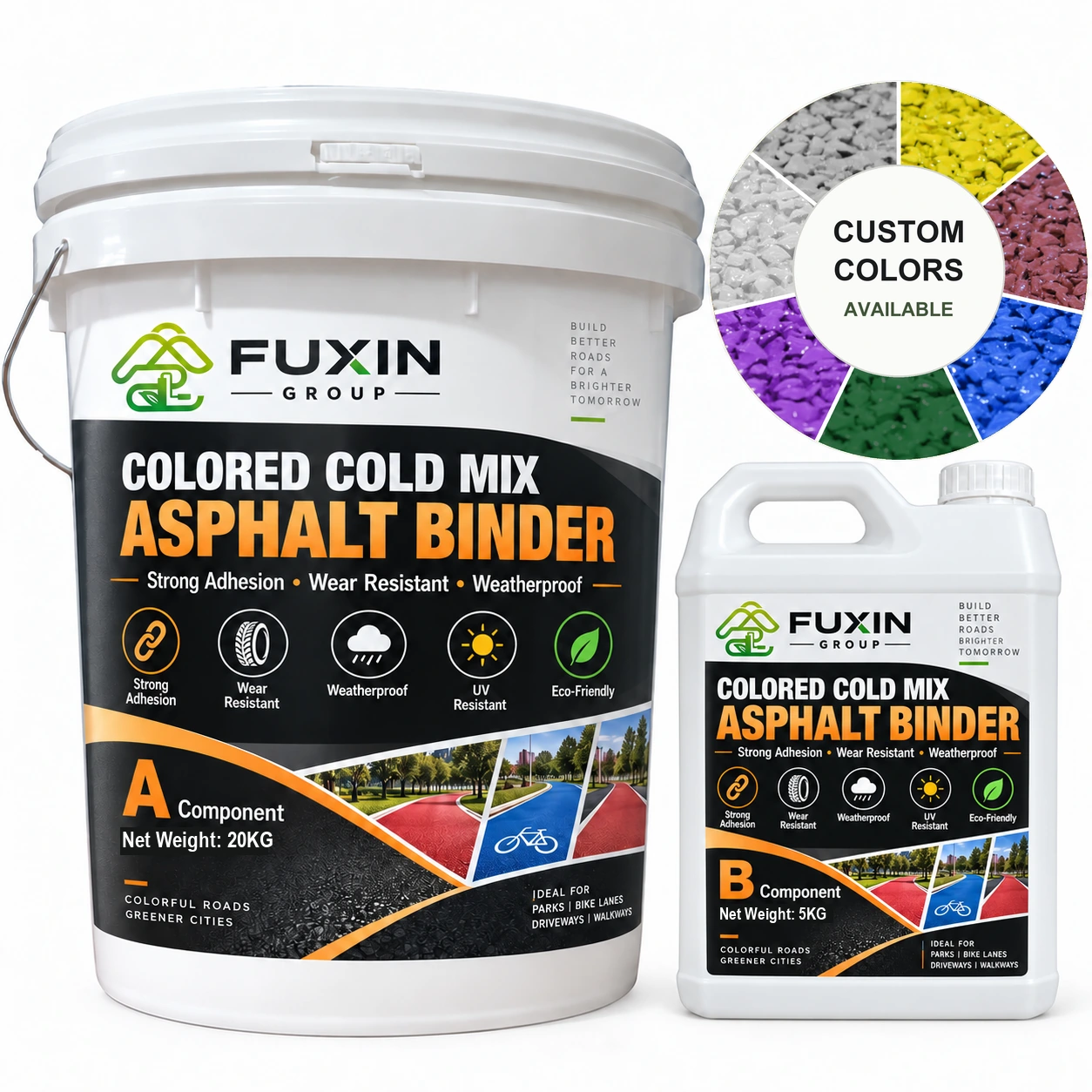 FUXIN Custom Colors Cold-Mix Colored Asphalt — A 20 kg + B 5 kg packaging