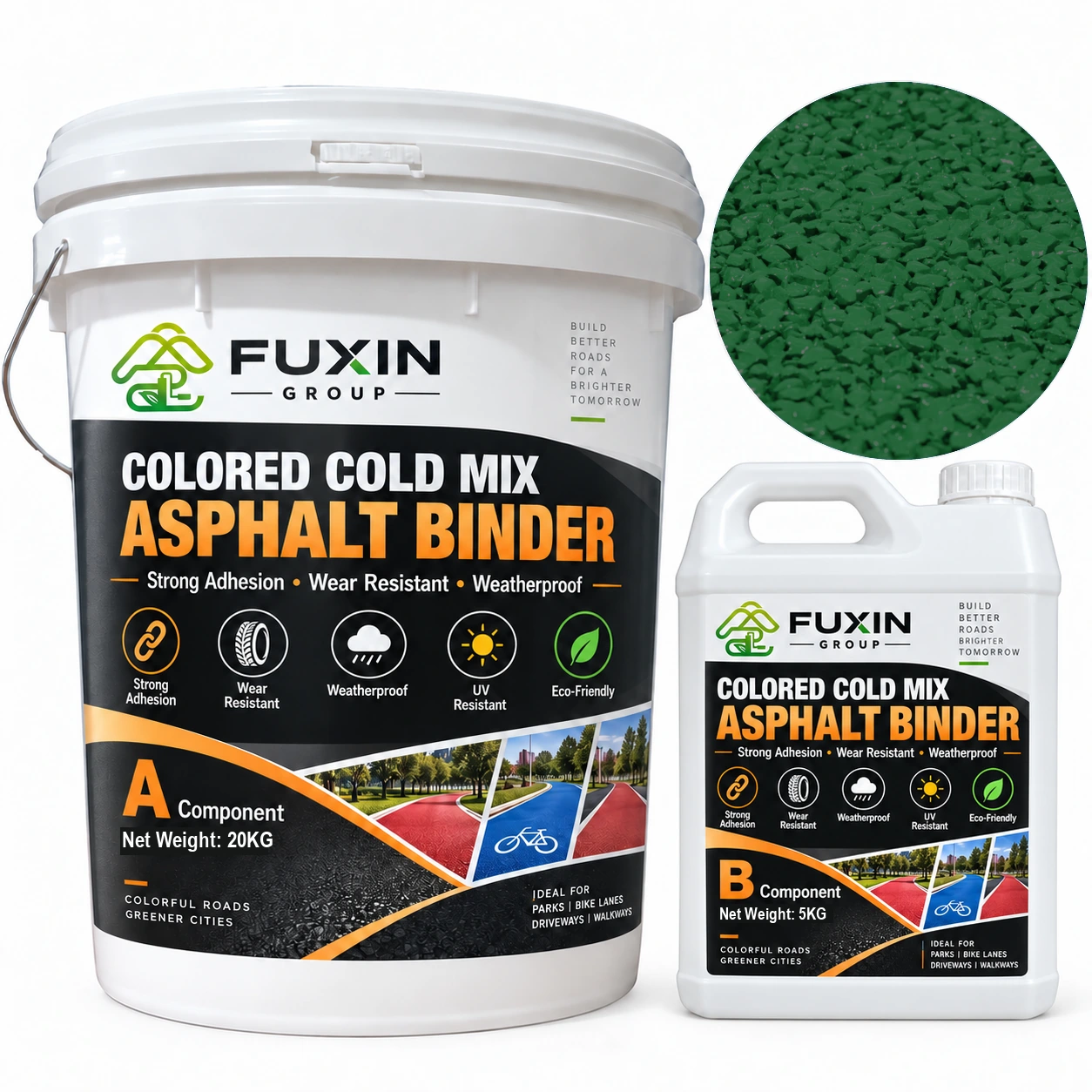 FUXIN Dark Green Cold-Mix Colored Asphalt — A 20 kg + B 5 kg packaging