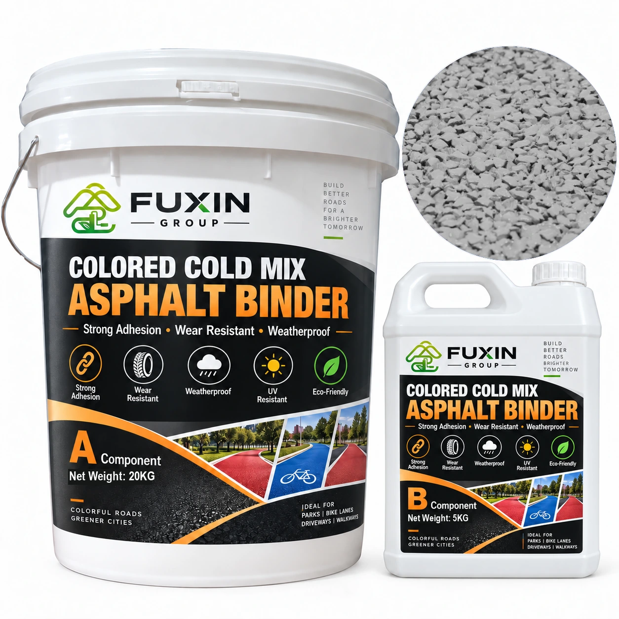 FUXIN Gray Cold-Mix Colored Asphalt — A 20 kg + B 5 kg packaging