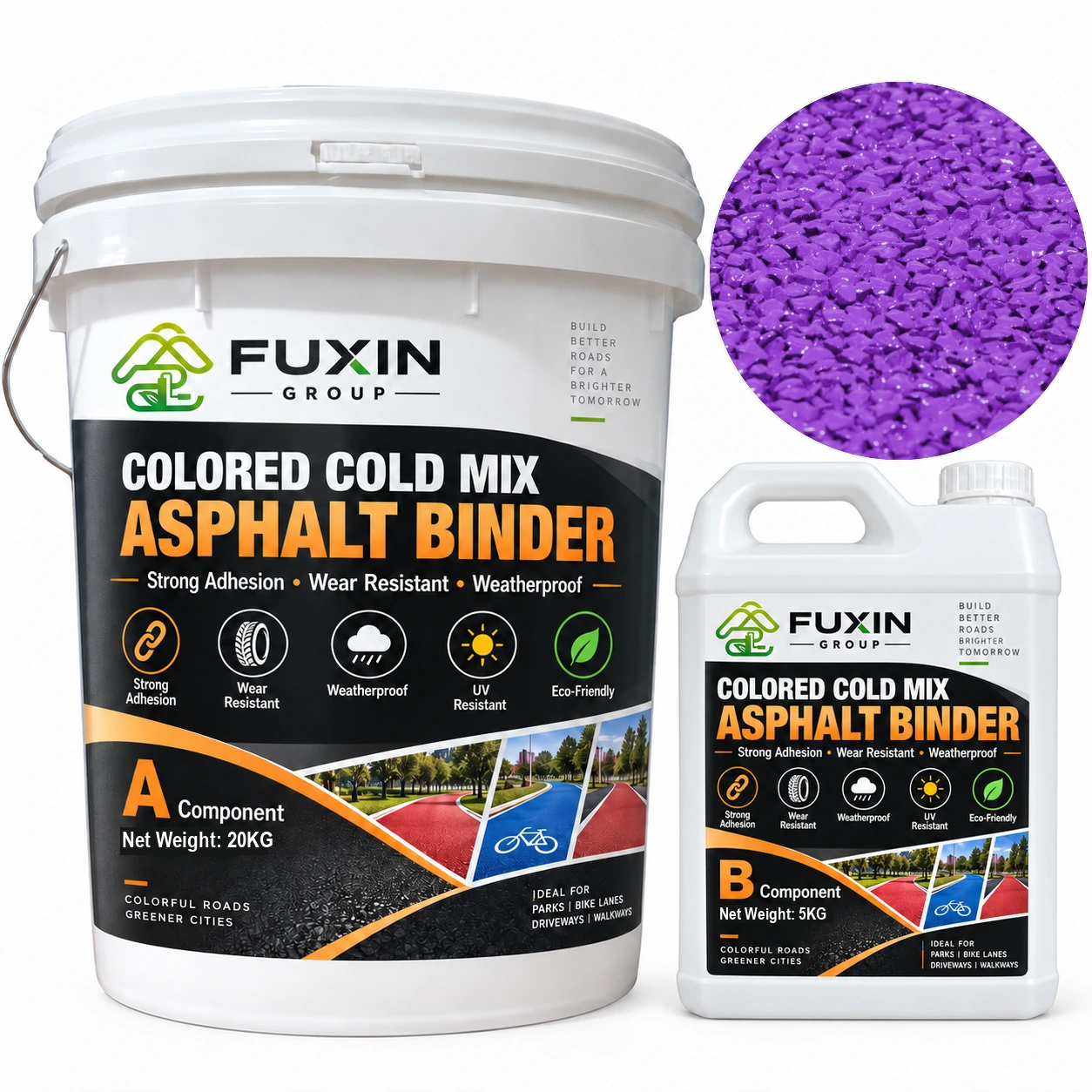 FUXIN Purple Cold-Mix Colored Asphalt — A 20 kg + B 5 kg packaging