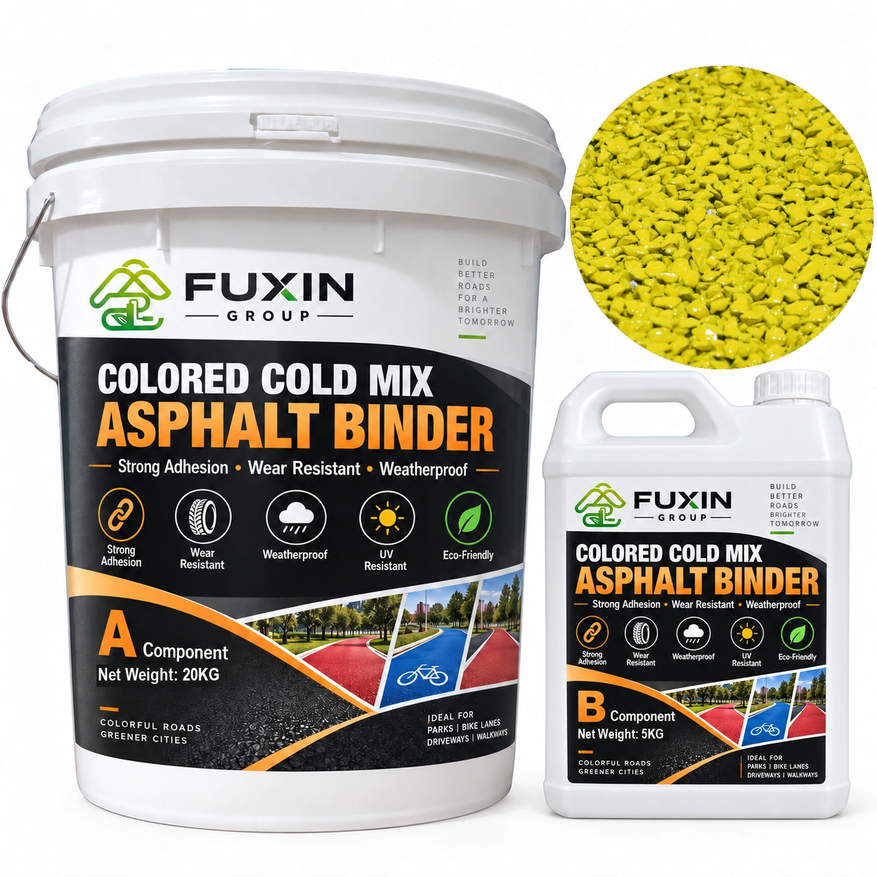 FUXIN Yellow Cold-Mix Colored Asphalt — A 20 kg + B 5 kg packaging