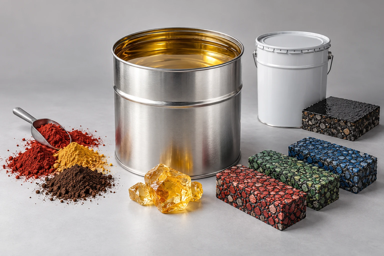 Illustrative composition of Colorless Asphalt Binder, iron oxide pigments, colored asphalt and asphalt protection agent